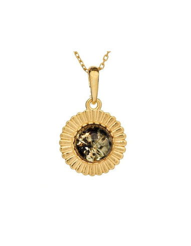 PENDENTIF SOLEIL AVEC AMBRE VERT NATUREL ROND, EN ARGENT DORÉ 925