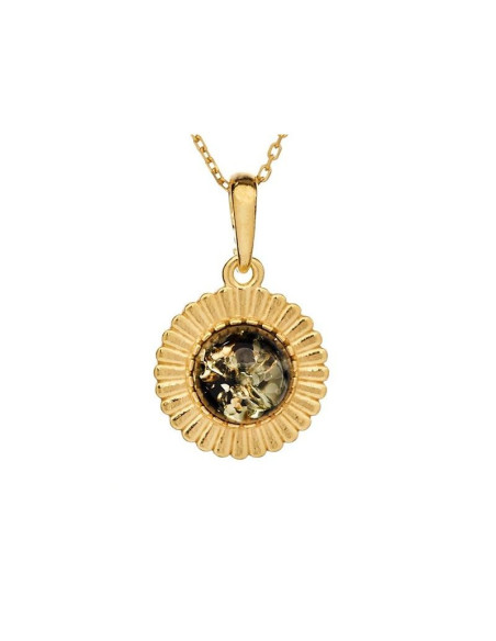 PENDENTIF SOLEIL AVEC AMBRE VERT NATUREL ROND, EN ARGENT DORÉ 925