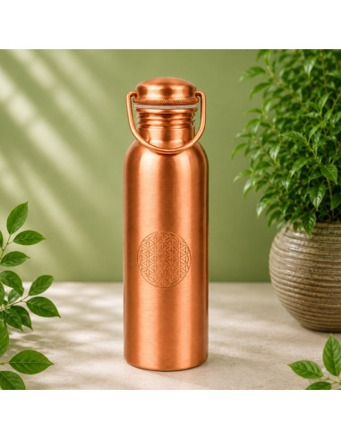 BOUTEILLE D'EAU EN CUIVRE PUR FLEUR DE VIE AVEC POIGNÉE 750ml