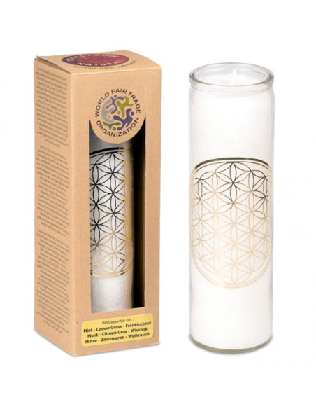 Bougie parfumée "Fleur de la Vie"- blanche et or - stéarine dans un contenant de verre